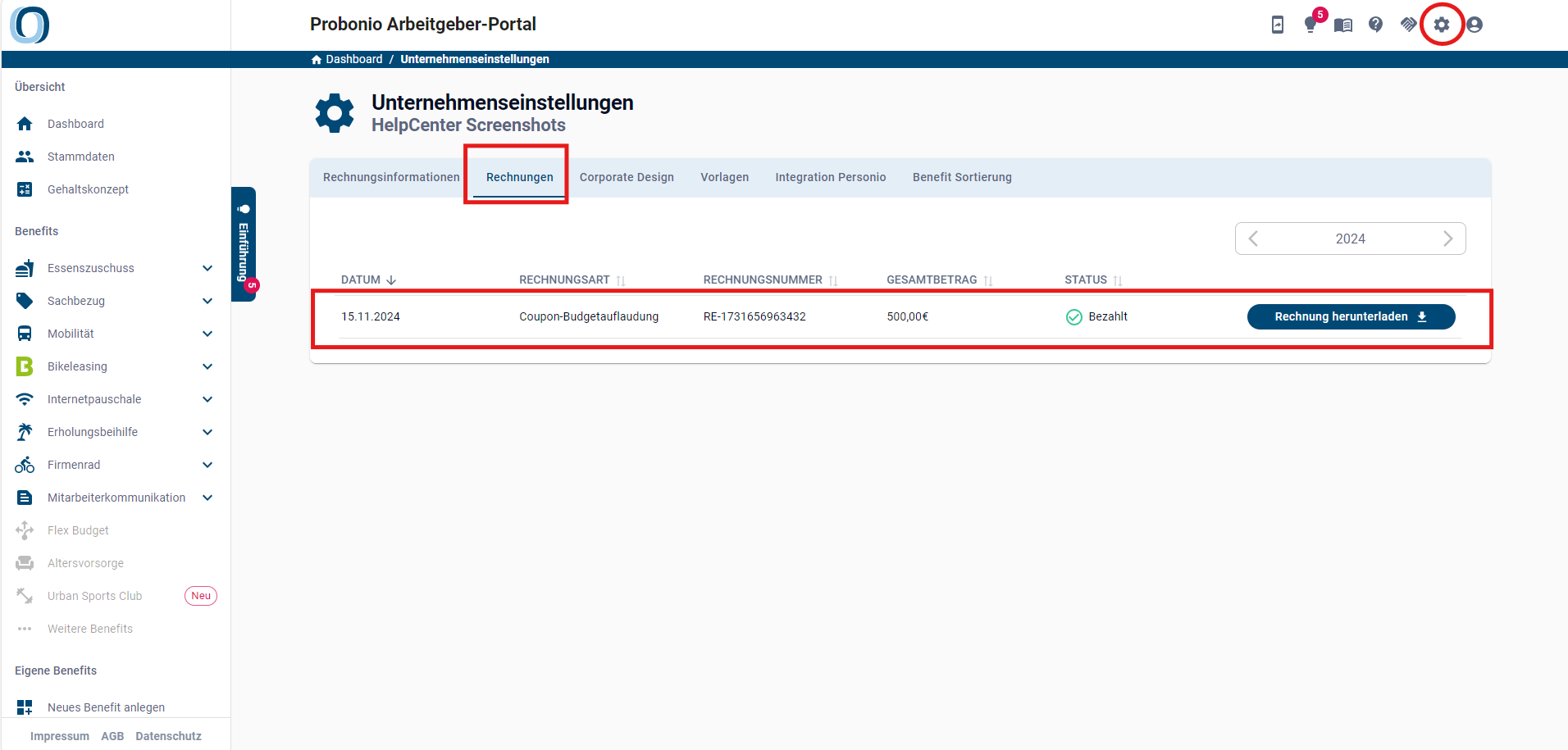 Screenshot Rechnungen in Unternehmenseinstellungen