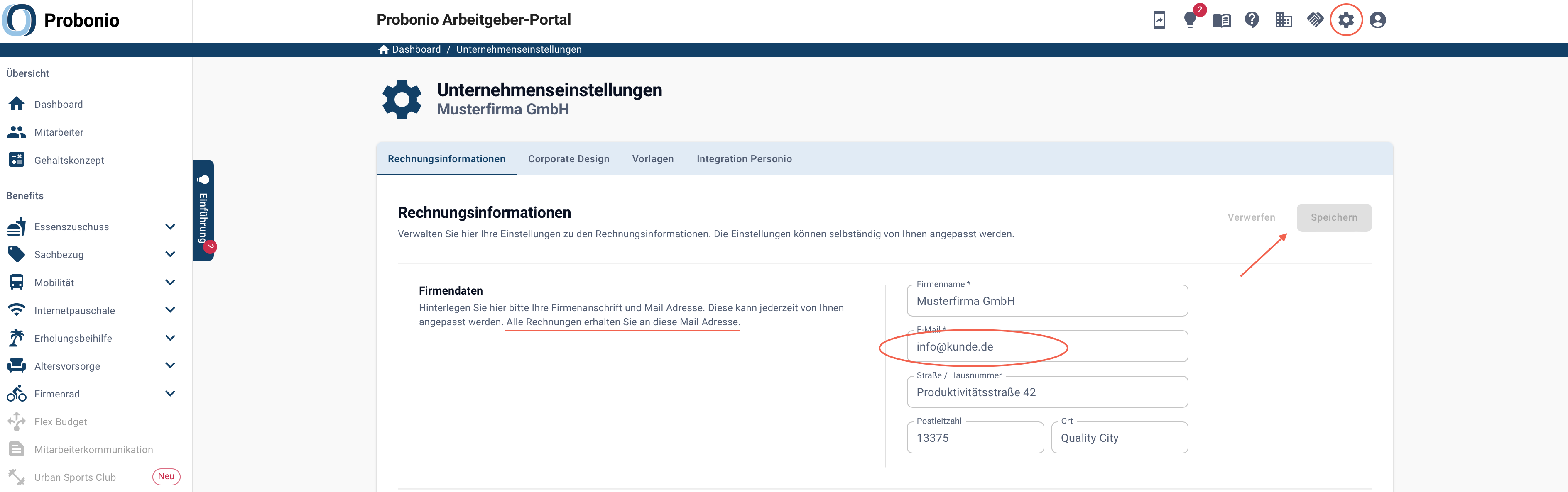 Screenshot Änderung Rechnungsdaten
