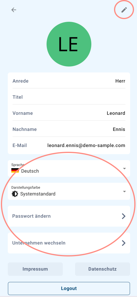 Screenshot Bearbeitung Nutzerprofil
