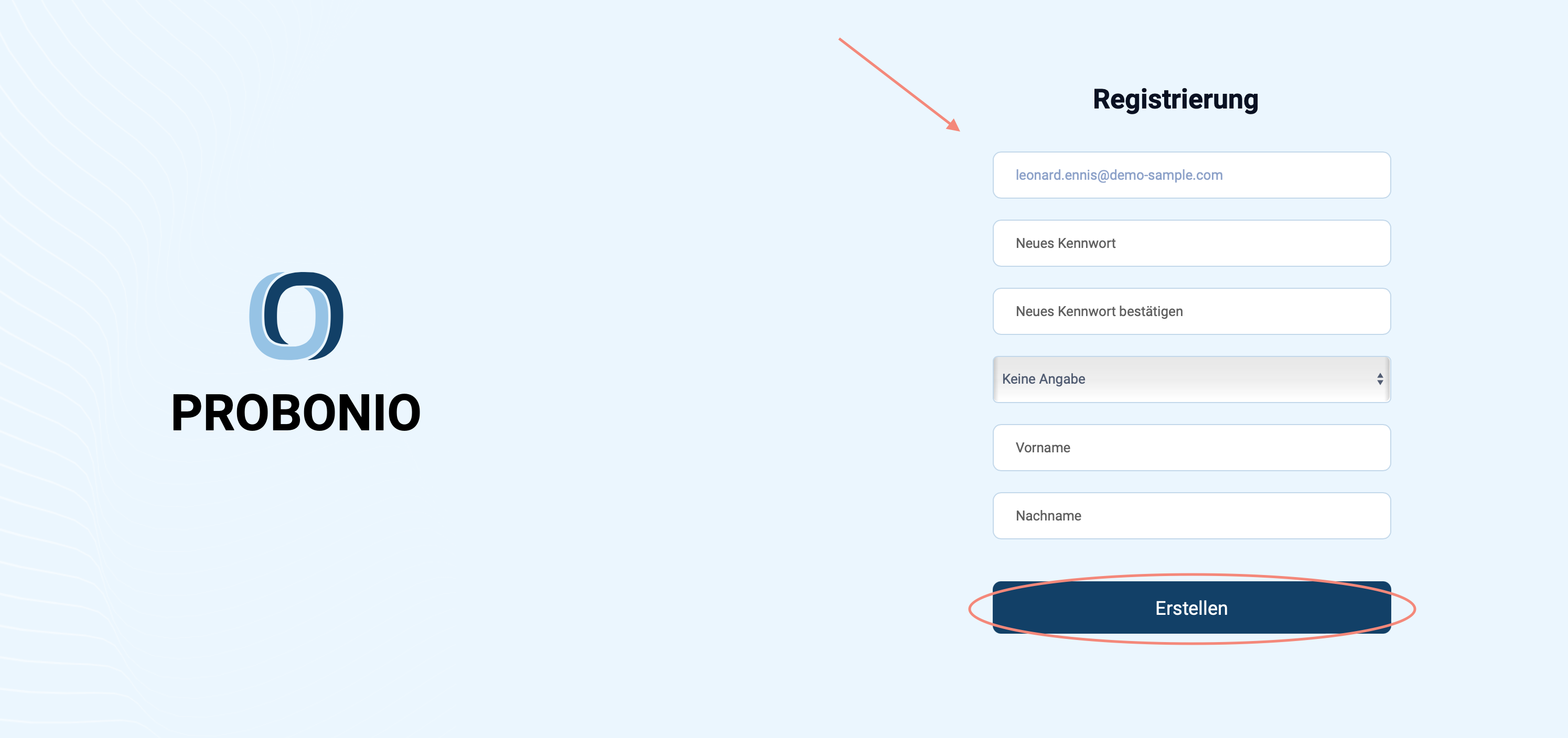 Screenshot Probonio Registrierung