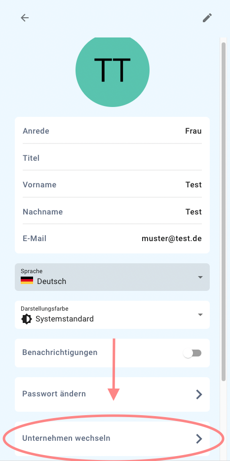 Screenshot Unternehmen wechseln im Nutzer-Profil