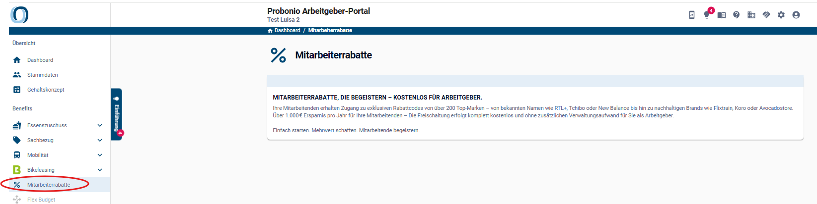 Screenshot Mitarbeiterrabatte in Übersicht