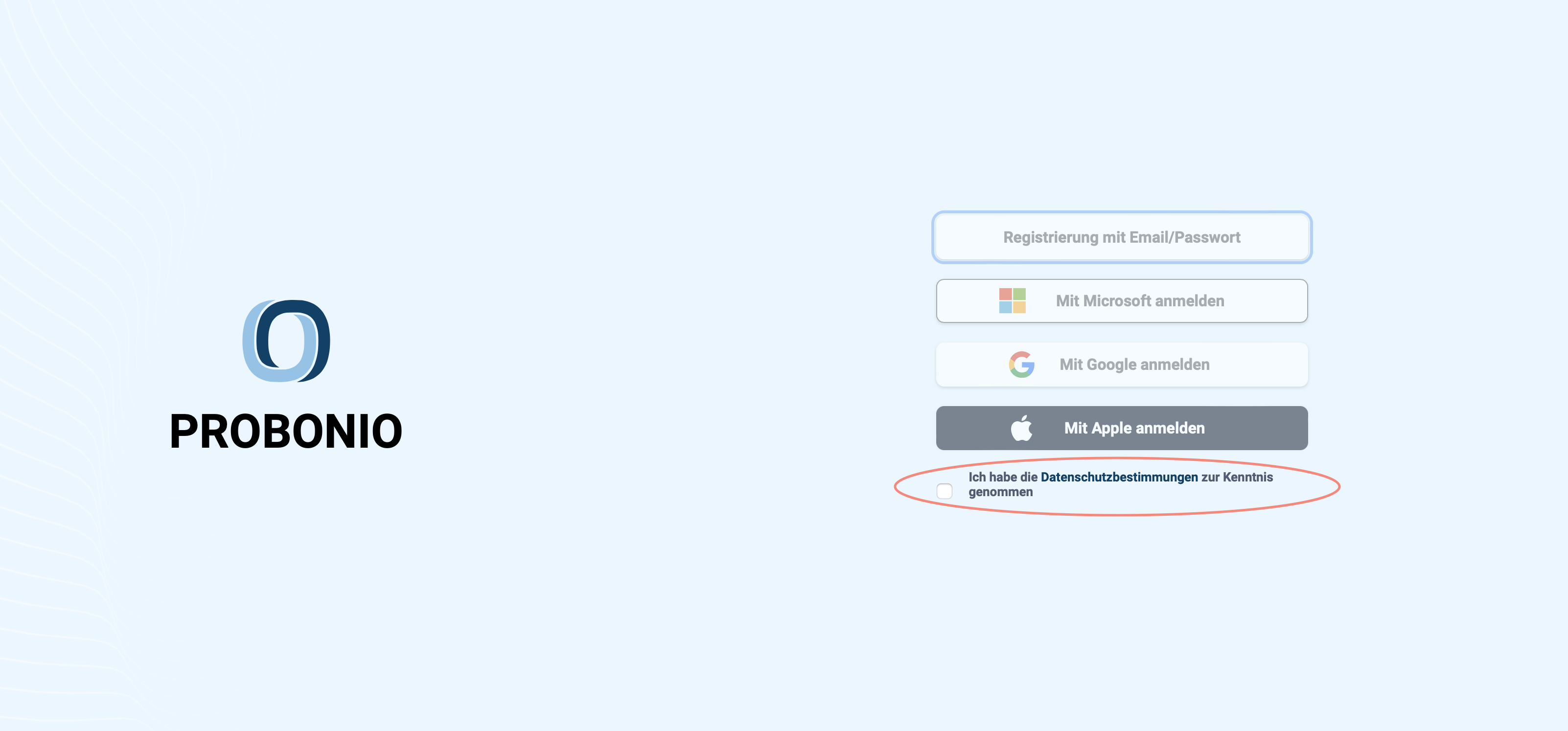 Screenshot Probonio Registrierung